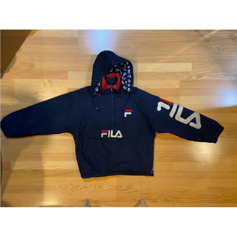 FILA 90's Vintage Mens 1/4 Zip Pullover Puffer Jacket Size L Spell Out Logo Blue
